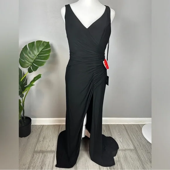 NWT Ieena for Mac Duggal Black Faux Wrap Sleeveless V Neck Gown Style #26531 - Picture 5 of 12